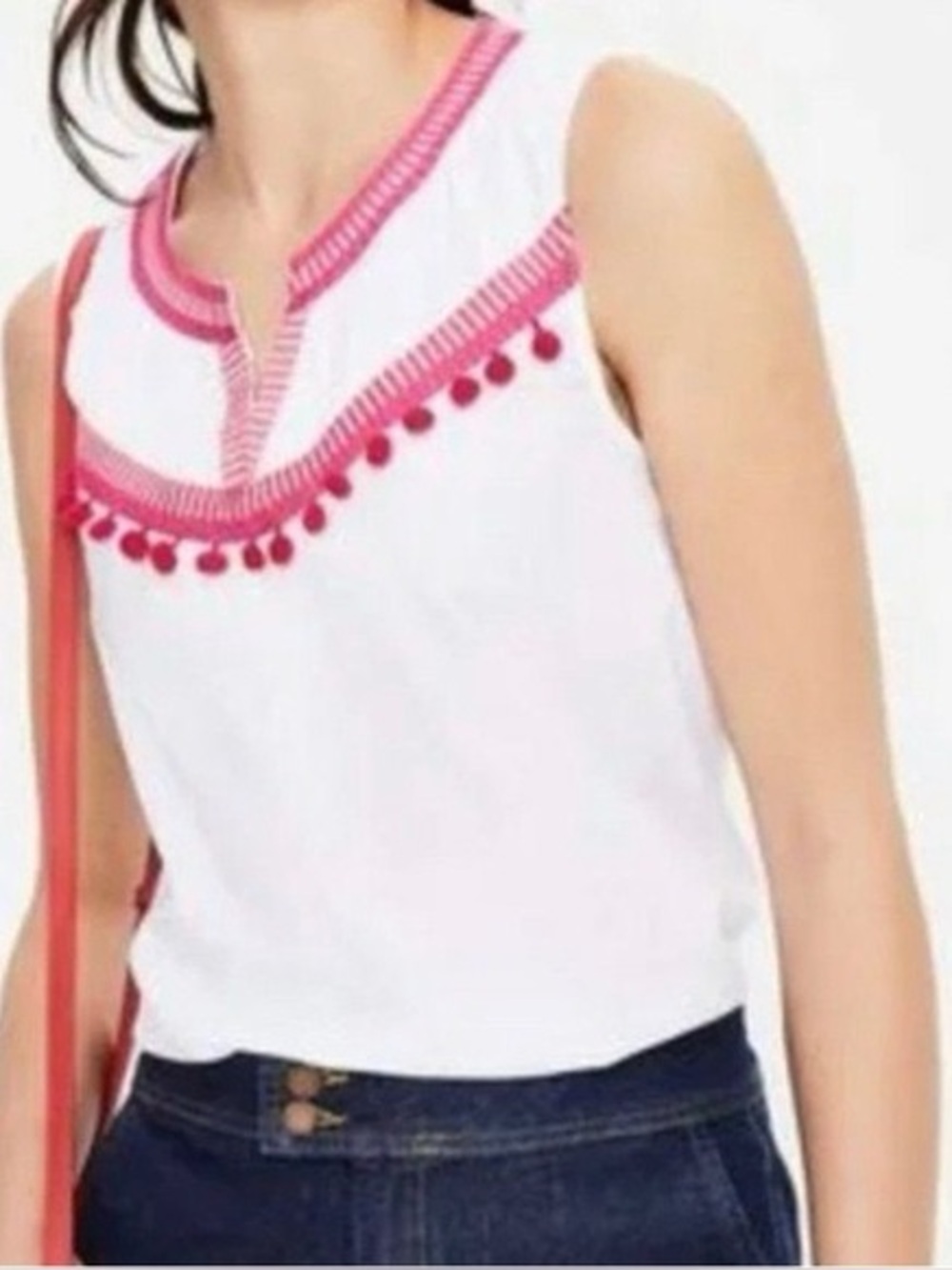 Boden White Elisa Pink Pom Pom Sleeveless Top